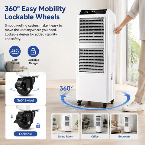Beast Mode 4500 CFM Evaporative Air Cooler Slices Through Summer Heat With 13.2 Gallon Tank, 90 Degree Pivot, 8 Hour Timer And Wireless Remote, featuring 360° lockable wheels for mobility.