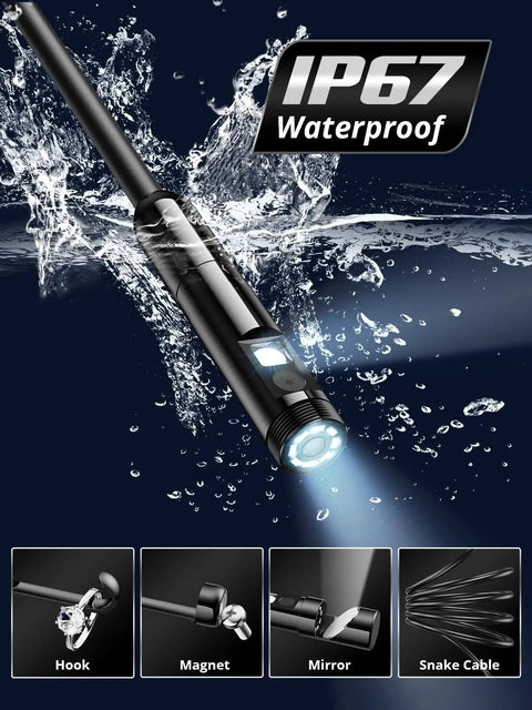 Dual Lens Endoscope Camera With Light 1920P HD Borescope, IP67 Waterproof, showing LED lights and attachments underwater