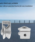 Side and front view of Beefy Heavy Duty V Groove Wheel Pulley For Doors And Sliding Gates Smooth Rolling Rollers with stainless steel bracket.