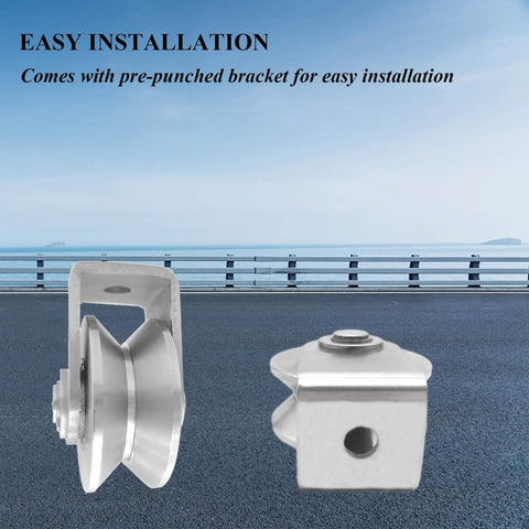 Side and front view of Beefy Heavy Duty V Groove Wheel Pulley For Doors And Sliding Gates Smooth Rolling Rollers with stainless steel bracket.