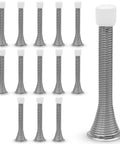 12 Pack Silver Door Stoppers With Heavy Duty Steel And Rubber Bumpers For Home, Office And Bathroom, Quiet Wall Protectors That Absorb Impact, Prevent Dents, And Keep Doors From Slamming Down, displayed together with one close-up view.
