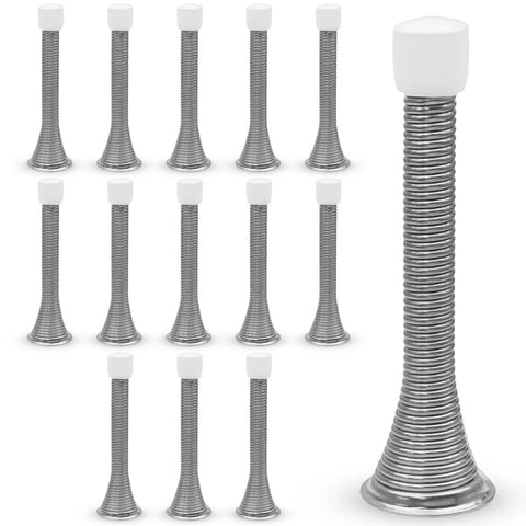 12 Pack Silver Door Stoppers With Heavy Duty Steel And Rubber Bumpers For Home, Office And Bathroom, Quiet Wall Protectors That Absorb Impact, Prevent Dents, And Keep Doors From Slamming Down, displayed together with one close-up view.