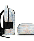 Side and front view of Coastal Beach Vibe Starfish Conch Repeat Print Unisex Backpack With Large Capacity Durable Polyester Fabric