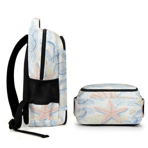 Side and front view of Coastal Beach Vibe Starfish Conch Repeat Print Unisex Backpack With Large Capacity Durable Polyester Fabric