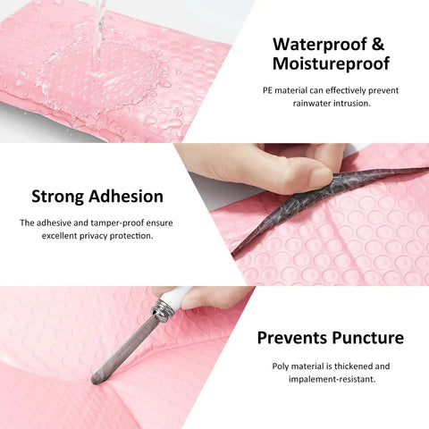 Light Pink 4x8 Inch Bubble Mailers 50 Pack Self Seal Padded Poly Mailers demonstrating waterproof, adhesion, puncture resistance features.