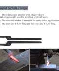 Five Types Blacksmith Tongs Bundle With Rivets For Beginners Featuring Flat Jaw Bolt Jaw Scroll Jaw Slot Jaw And V Bit Jaw Set For Metalworking And Welding Projects Dope Tools For Your Workshop Made From Five Sixteenth Inch Mild Steel showing rapid scroll tongs in use and detail.