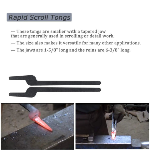 Five Types Blacksmith Tongs Bundle With Rivets For Beginners Featuring Flat Jaw Bolt Jaw Scroll Jaw Slot Jaw And V Bit Jaw Set For Metalworking And Welding Projects Dope Tools For Your Workshop Made From Five Sixteenth Inch Mild Steel showing rapid scroll tongs in use and detail.