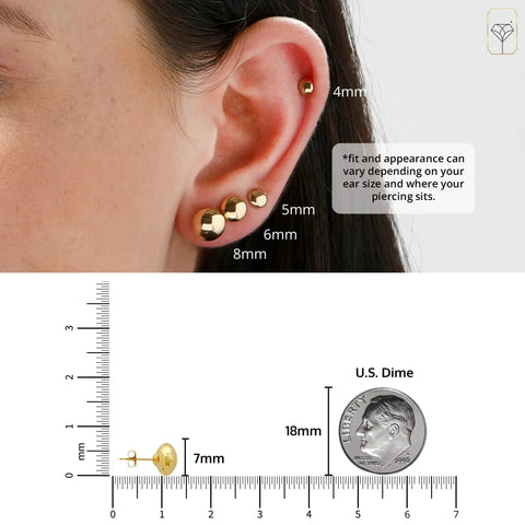 Yellow 7mm 14K Solid Gold Ball Stud Earrings For Women And Men With Post Back Unisex Everyday Wear Classic Simple Jewelry For Stacking Or Wearing Solo Style shown with ear size chart