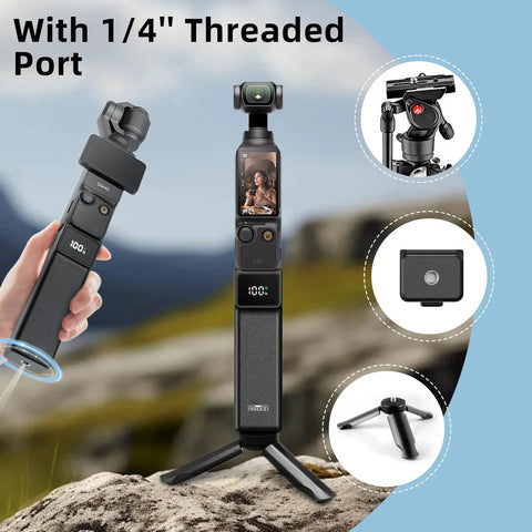 High Capacity Battery Handle For Osmo Pocket 3 And 4 On The Go 5000mAh Power Grip With Mini Tripod on rocky terrain