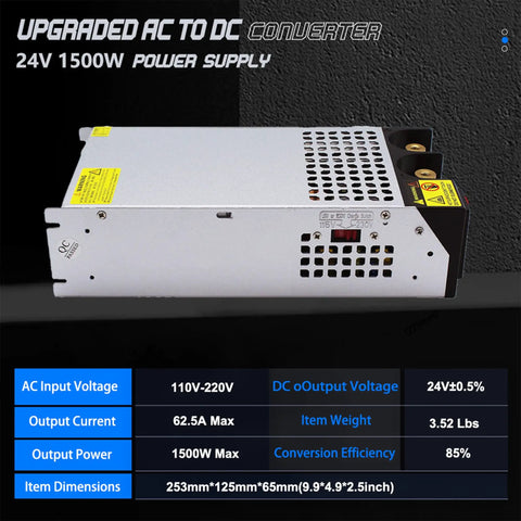 AC to DC 24V 62.5A 1500W Power Supply for DIY Projects and RVs Universal SMPS 110V to 24V Plug and Play Converter Transformer Driver Adapter for LED Strip LCD Monitor Pump, silver metal case