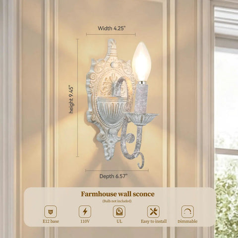 ZIRALIO Farmhouse Vintage Wall Sconce for Bedroom, 2-Pack, detailed view with dimensions, distressed finish, candle-like bulb holder.