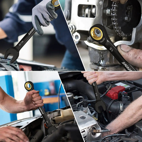 Pro Grade 7/16 Ratchet Wrench With Silky Smooth 72 Tooth Gears and Rock Solid Cr-V Construction being used on various engines.