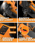 Core features of Hardcore 20V Cordless Fencing Stapler Kit Bundled With 16 Gauge 1 Inch Staples, showing LED light and safety mechanism.