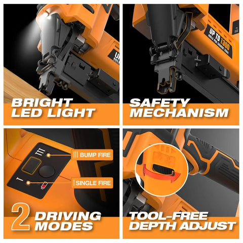 Core features of Hardcore 20V Cordless Fencing Stapler Kit Bundled With 16 Gauge 1 Inch Staples, showing LED light and safety mechanism.