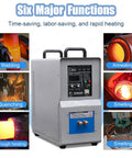 Badass 15KW High Frequency Induction Heating Furnace Cranks Up Serious Heat For Steel Quenching Welding Melting Processes With Rock Solid Water Cooling Protection showing six functions including welding and smelting.