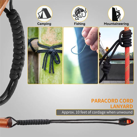 Image of Handmade Wooden Handle Three Eighths Inch Thick Ferro Rod Fire Starter Kit showing paracord lanyard for outdoor use.