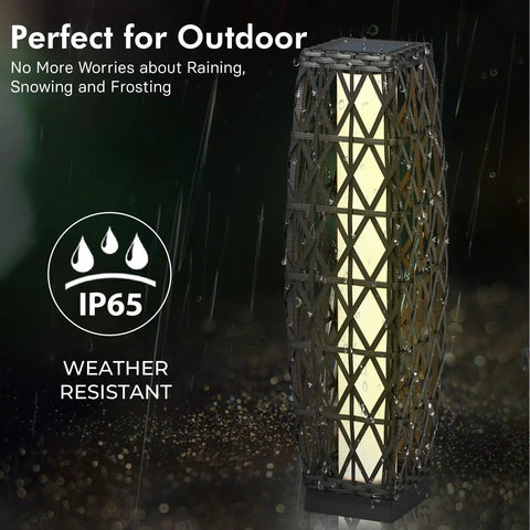 Outdoor Solar Powered Wicker Floor Lamp for Patio and Garden, Weather Resistant Deck Light in Silver Gray, Auto On at Dusk and Off at Sunrise, 8 to 10 Hours Run Time, No Wiring Needed, Easy Setup, Cozy Backyard Ambience