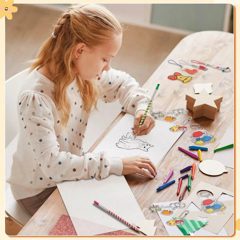 Child using Shrink Plastic Craft Kit With 155 Pieces For DIY Jewelry And Keychains Includes 25 Shrinky Sheets 7.9x5.7in