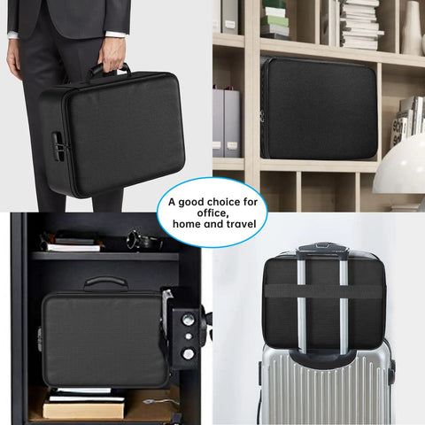 Go To Fireproof Document Bag With Lock 5200F heat resistant, black bag shown in office, luggage, and storage settings