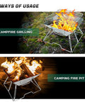 Folding Campfire Grill For Camping And Backpacking Portable Charcoal Fire Pit With 304 Stainless Steel Construction shown grilling and as fire pit