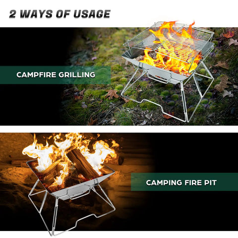 Folding Campfire Grill For Camping And Backpacking Portable Charcoal Fire Pit With 304 Stainless Steel Construction shown grilling and as fire pit