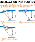 Installation instructions showing diagrams for Dual 200N 45Lb Gas Struts For Heavy Lids with various angles for cabinets and toy boxes.