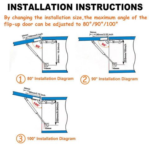 Installation instructions showing diagrams for Dual 200N 45Lb Gas Struts For Heavy Lids with various angles for cabinets and toy boxes.