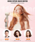 Woman using high-speed hair dryer with 110000 RPM motor, showing drying times for different hair lengths