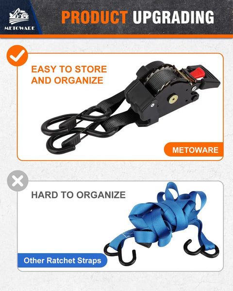 Heavy Duty Retractable Ratchet Straps 4 Pack One Inch By Ten Feet Black Cargo Tie Downs with self-retracting design.