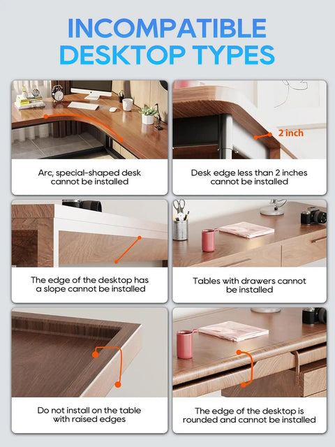 Image showing incompatible desktop types for No Drill Under Desk Cable Management Tray With Clamp On Design, illustrating various desk shapes and edges.
