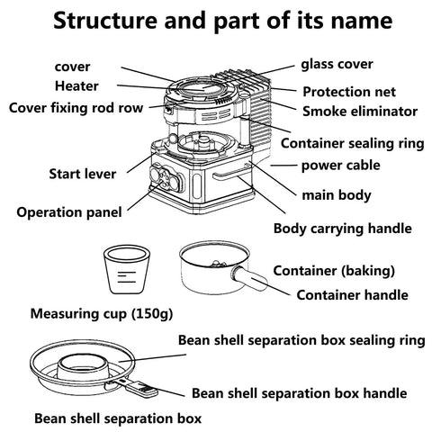 Diagram showing parts of Retro Electric Coffee Bean Roaster With Automatic Roasting Function And Heavy Duty Stainless Steel Drum.