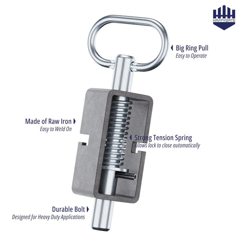 Heavy Duty Trailer Gate Latch With Auto Closing Spring Lock For Weld On Tracks Includes Two Pack, showcasing raw iron construction and strong tension spring.