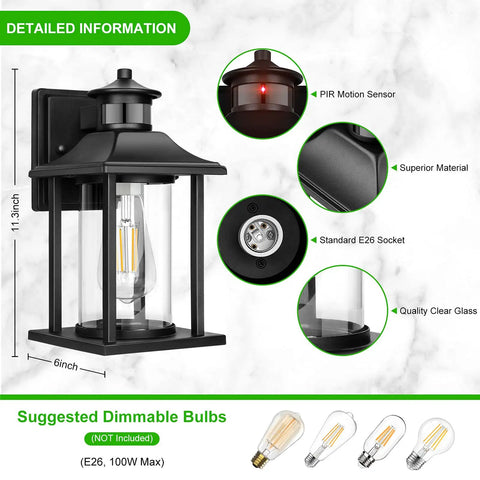 Two Pack Motion Sensor Outdoor Wall Lanterns With Dusk To Dawn Photocell detailing features like PIR sensor and clear glass