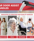 Image of 3 In 1 Car Door Handle For Elderly, red finish, with assistive sections labeled for pregnant, elderly, handicapped, injured.