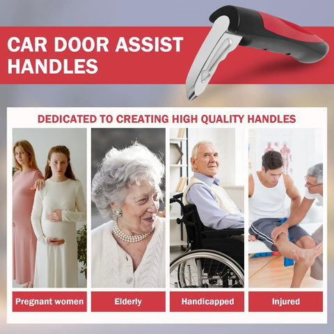 Image of 3 In 1 Car Door Handle For Elderly, red finish, with assistive sections labeled for pregnant, elderly, handicapped, injured.