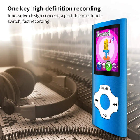 Portable MP3 MP4 Player With 1.8 Inch LCD Screen And 64GB TF Card Slot Dark Blue on mixing desk background