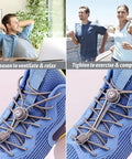 No Tie Shoelaces 2 Pack Elastic Bungee Laces With Adjustable Lock System For Kids And Adults Sneakers Perfect For Quick Slip On And Off Everyday Gym Golf Trail Run Black On Black, blue sneaker lace close-up