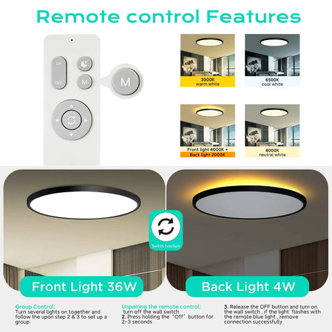 Remote Control 18 Inch Flush Mount LED Ceiling Light With Night Light Mode 2000K Soft Glow Full CCT Dimmable Brightness 36W Ideal For Kitchen Office Kids Room Anywhere In The Home