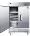 Straight Up Heavy Duty 2 Door Commercial Freezer Refrigerator Cooler Upright Reach In Stainless Steel ETL Certified 49 Cubic Fan Cooled Kitchen Appliance For Restaurant And Shop with open doors and shelves.