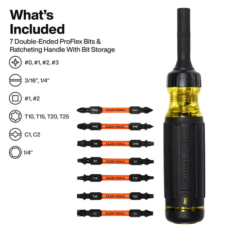 15-In-1 Multi-Bit Ratcheting Screwdriver Set With Impact-Rated Bits, 7 ProFlex Double-Ended Tips, 1/4-Inch Nut Driver, Built Tough For Pros And DIYers, 8-Piece, showing screwdriver and included bits.