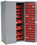Rock Solid Deep Door Bin Cabinet With One Hundred Thirty Six Red Plastic Storage Bins For Heavy Duty Workshop Tool Organization And No Fuss Garage Setup Built American Tough With Secure Padlock Hasp Included showcasing a gray cabinet with red bins.