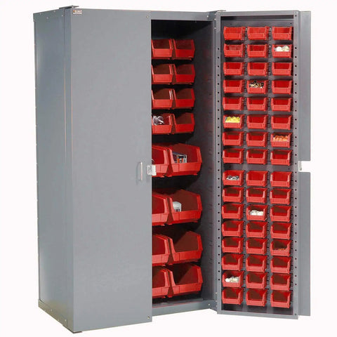 Rock Solid Deep Door Bin Cabinet With One Hundred Thirty Six Red Plastic Storage Bins For Heavy Duty Workshop Tool Organization And No Fuss Garage Setup Built American Tough With Secure Padlock Hasp Included showcasing a gray cabinet with red bins.