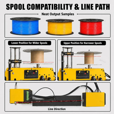 High Speed Coil Winding Machine And Naturally Slick Desktop 3D Printer Filament Extruder For PA CF Thermoplastic Pellets showing spool compatibility and line path details.