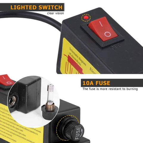 Super Easy To Use Water Quality Tester And Electrolyzer For Home Use Quick Results Measuring Purity And Drinking Water Safety, showing lighted switch and 10A fuse.