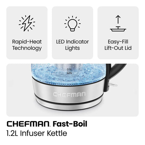 Cordless Glass Electric Kettle With Infuser 1.2L 1500W Fast Boil BPA Free Auto Shut Off No Fuss Boil Dry Protection Removable Lid LED Indicator Lights Clear Tea Kettle For Tea Coffee Hot Chocolate