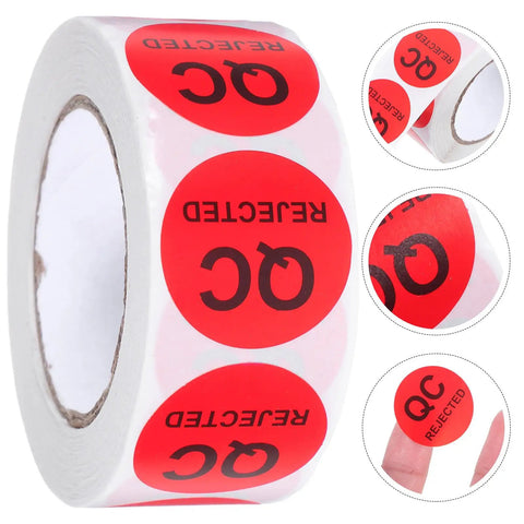 Round QC Labels 1 Roll Must-Have High-Contrast Quality Control Stickers With Peeling-Resistant Coated Paper Adhesive For Production Testing, Warehouse Supplies, Inventory, And Quality Assurance, red roll close-up