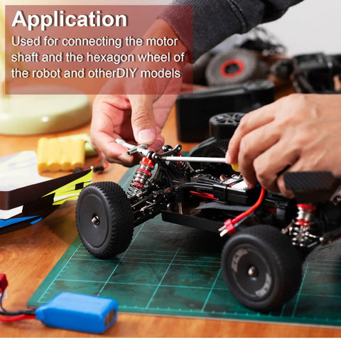 Beefy Four Piece 5mm To 5mm Universal Joint Shaft Couplings being installed on an RC car, showing practical application.