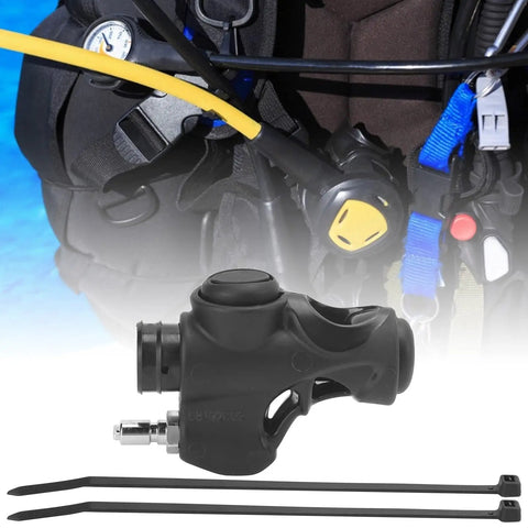 BCD Inflator Valve For Dive Gear Low Pressure Mini K Shape 3/4 Inch Hose Adapter with jacket type BCD setup visible.