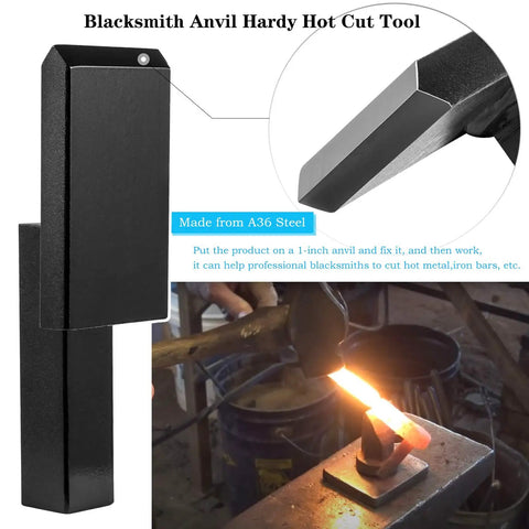 1 Inch Anvil Hardy Tool Set with hot cut tool, made from A36 steel, shown in use on an anvil for metalworking.