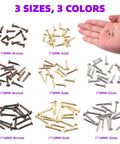 Top Tier 1600 Piece Mini Wood Screw And Nailing Assortment Kit With Premium Gold Silver Bronze Coatings In 6Mm 8Mm And 10Mm Lengths, showing assorted sizes and colors of screws.